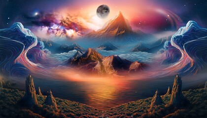 surreal, imaginative illustrations blending realistic and fantastical elements. Include dreamy settings, dreamscapes, cosmic elements, and abstract concepts to evoke a sense of wonder and creat