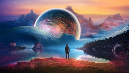 surreal, imaginative illustrations blending realistic and fantastical elements. Include dreamy settings, dreamscapes, cosmic elements, and abstract concepts to evoke a sense of wonder and creat