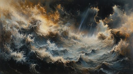 Powerful waves surge beneath dark, tempestuous clouds as rays of sunlight break through, creating a stunning contrast at the evening horizon. Generative AI