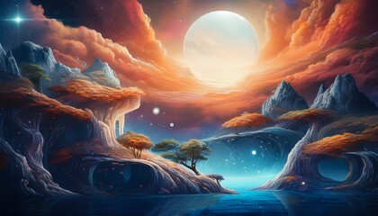 surreal, imaginative illustrations blending realistic and fantastical elements. Include dreamy settings, dreamscapes, cosmic elements, and abstract concepts to evoke a sense of wonder and creat
