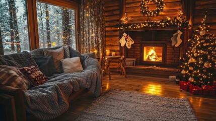An inviting winter cabin interior, decorated with holiday ornaments, warm blankets, and a glowing fireplace, inviting relaxation and comfort.