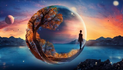 surreal, imaginative illustrations blending realistic and fantastical elements. Include dreamy settings, dreamscapes, cosmic elements, and abstract concepts to evoke a sense of wonder and creat
