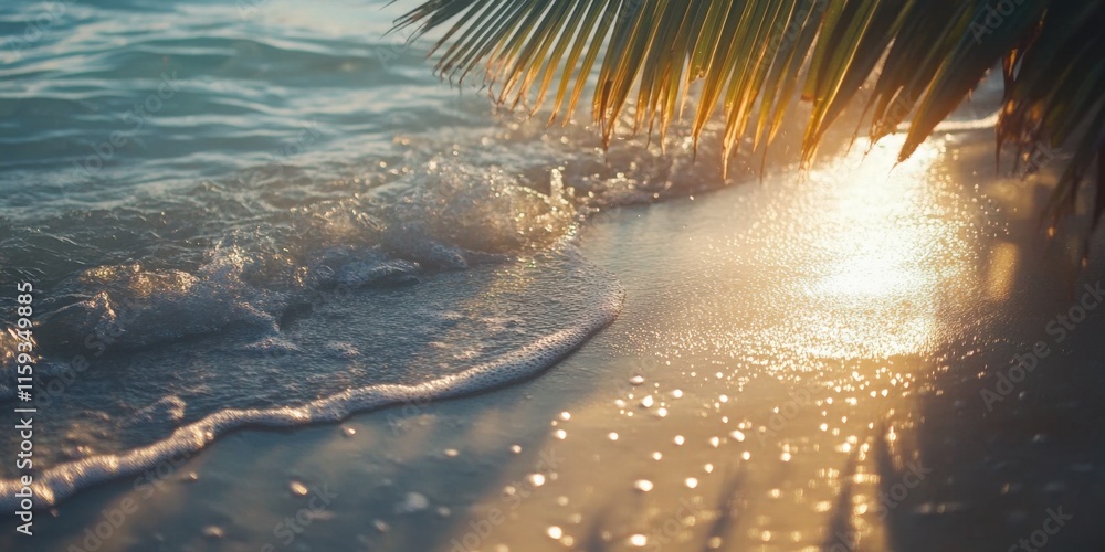 Poster soft waves break on a sandy beach illuminated by the warm glow of the setting sun, framed by lush pa