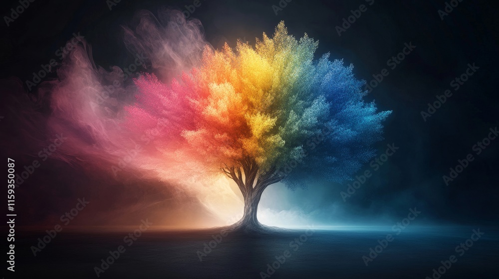 Aufkleber vibrant and colorful tree with abstract smoke effect against a dark background creating a magical an