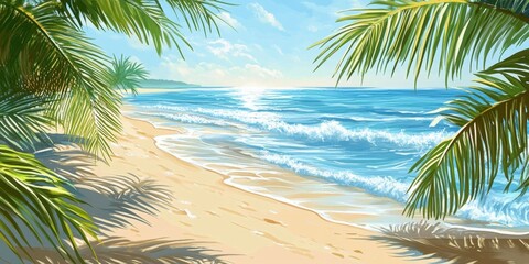 Fototapeta premium A peaceful tropical beach features golden sand and lush palm trees framing the view of calm waves rolling towards the shore under a bright sky. Generative AI