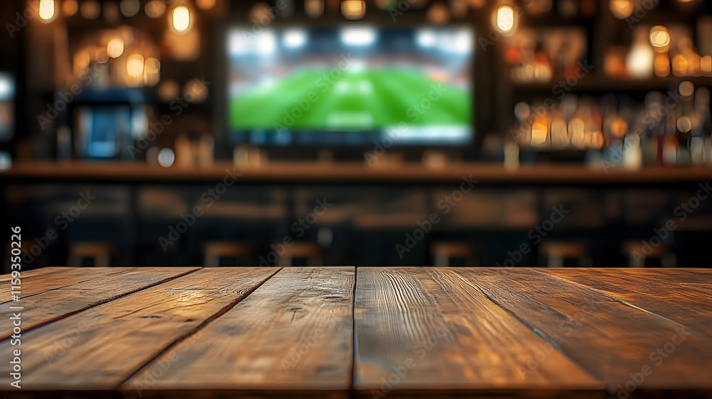 Poster an empty wooden table in the foreground, with a pub and a tv displaying a soccer stadium blurred in 