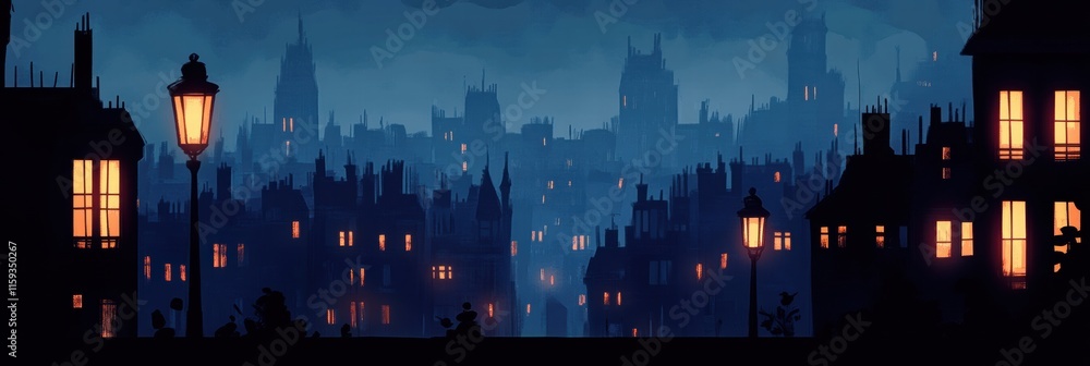 Poster dark cityscape with illuminated windows revealing a tranquil nighttime atmosphere. generative ai