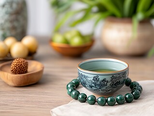 Bowl of green tea sits on a table with a green bead bracelet
