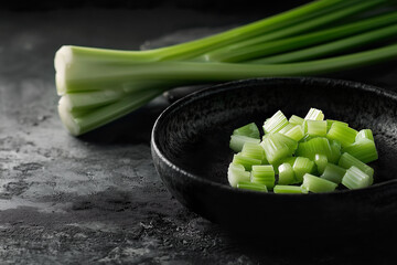 Fresh green celery stalks and diced pieces in black ceramic bowl on textured dark stone background. Natural organic ingredient