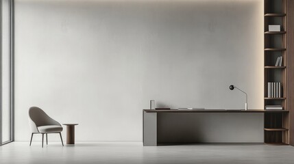 Elegant minimalist study area with minimal furnishings. Featuring a clean, open design with sleek lines