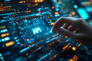  modern concept of API (Application Programming Interface) showing a person holding a glowing holographic API  interface, symbolizing innovation, connectivity, and technology integration