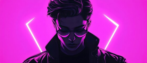 Futuristic Neon Portrait of a Mysterious Figure in Sunglasses with Vibrant Purple Glow