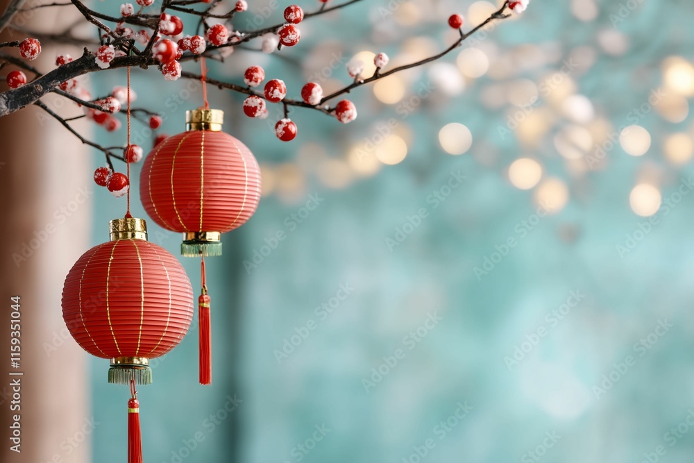 Poster two red lanterns hanging from a tree branch