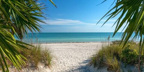 A sandy beach opens up to a calm, turquoise sea, surrounded by green plants and a clear blue sky, inviting visitors to enjoy a peaceful day by the water. Generative AI