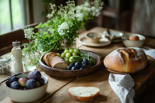Farm-to-Table Dining Photo of a rustic wooden table set with fresh, locally sourced produce and artisanal bread, surrounded by greenery and soft ambient light, representing sustainability, freshness 