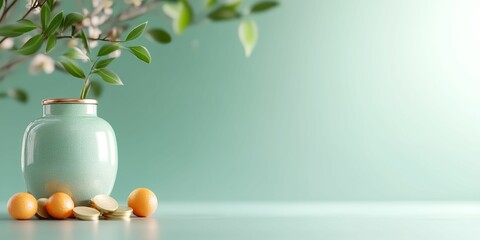 Vase with a plant in it and oranges on a table
