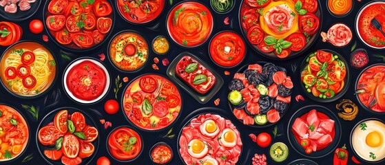 Vibrant Assortment of Gourmet Tomato Dishes and Ingredients in Artistic Display