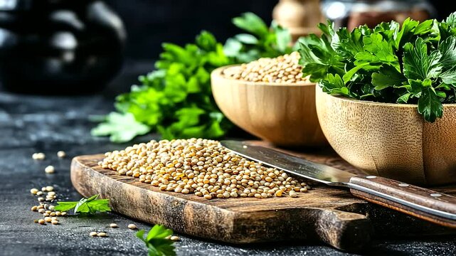 A rustic kitchen scene with wooden bowls of quinoa and lentils on a chopping board, surrounded by fresh parsley and a knife