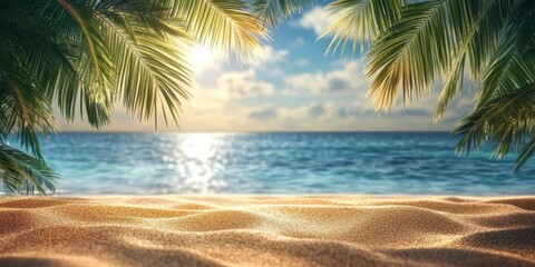 A tranquil beach scene showcases soft golden sands and gentle waves. Lush palm leaves frame the bright ocean under a colorful sky at dawn. Generative AI