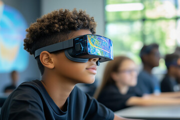 Tech-Driven Education Photo of a student using augmented reality glasses to explore a 3D map on a digital interface, sitting in a modern classroom with natural light pouring in 