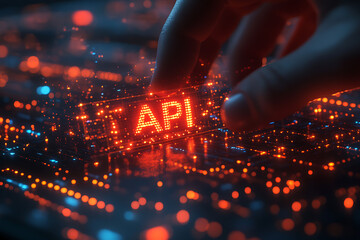  modern concept of API (Application Programming Interface) showing a person holding a glowing holographic API  interface, symbolizing innovation, connectivity, and technology integration