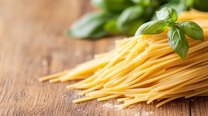 Bunch of pasta with a leaf of basil on top