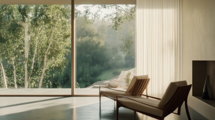 Fototapeta premium Elegant minimalist sunroom with minimal furnishings. Featuring a clean, open design with sleek lines