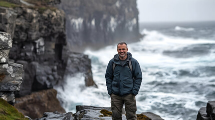 Obraz premium A man standing on a rocky shoreline in western Ireland, Europe with waves crashing against jagged cliffs