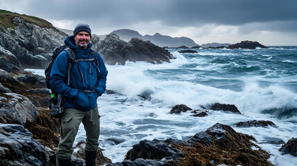 Fototapeta premium A man standing on a rocky shoreline in western Ireland, Europe with waves crashing against jagged cliffs