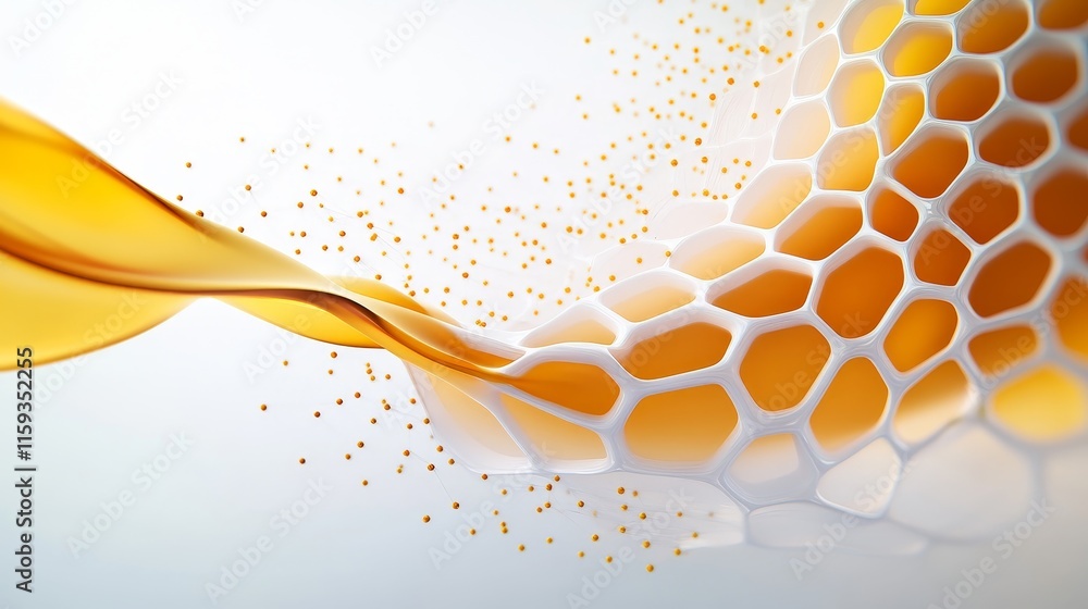 Poster Abstract Flowing Design with Honeycomb Structure and Golden Particles Creating a Vibrant and Dynamic Visual Background for Creative Projects and Designs