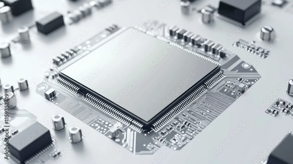 Poster close-up of a microchip on a circuit board: modern technology and innovation