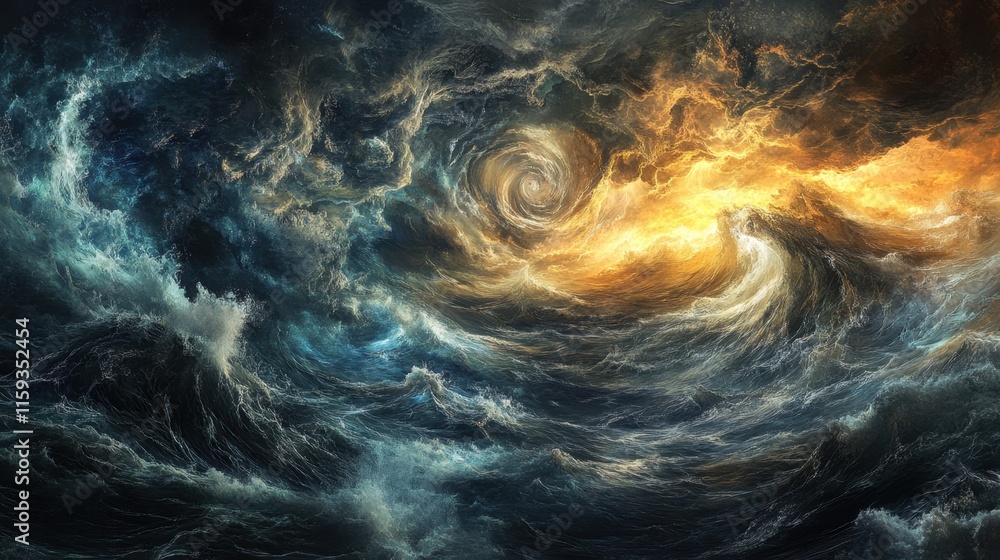 Poster swirling clouds create a dramatic display of blue and orange hues above stormy ocean waves during th