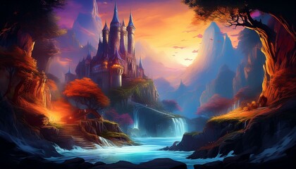 Fantasy artwork showcasing a mix of traditional fantasy elements (like castles and mythical creatures) with modern, clean design aesthetics. Add metallic or glowing effects, bold colors, and high cont