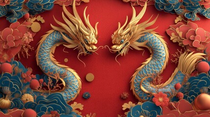 Fototapeta premium Two Golden Dragons Facing Each Other Amidst Floral Decor