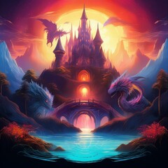 Fantasy artwork showcasing a mix of traditional fantasy elements (like castles and mythical creatures) with modern, clean design aesthetics. Add metallic or glowing effects, bold colors, and high cont