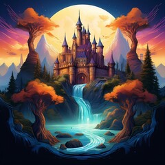 Fantasy artwork showcasing a mix of traditional fantasy elements (like castles and mythical creatures) with modern, clean design aesthetics. Add metallic or glowing effects, bold colors, and high cont