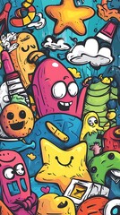 Obraz premium A colorful illustration featuring whimsical characters and playful objects in a vibrant scene.