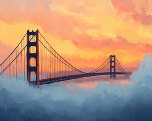 Fototapeta premium Acrylic cityscape of San Francisco, featuring the Golden Gate Bridge enveloped in ethereal morning fog