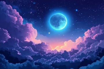 Dreamlike moonlit skies shimmer with radiant glowing abstract gradients., Generative AI