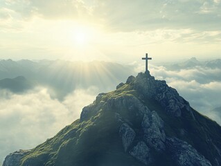 Fototapeta premium Serene Mountain Landscape with Cross at Sunrise Surrounded by Clouds and Radiant Sunlight Illuminating the Scenic View of Nature's Beauty