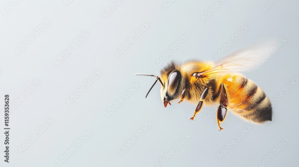 Poster close-up of a honey bee in flight with delicate wings and soft fuzzy body against a light background
