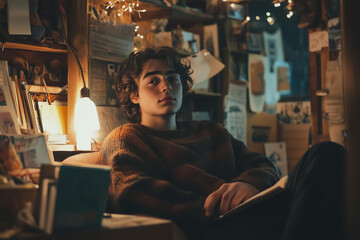 Obraz premium Creative Dreamer Portrait of a young person sitting in a cozy studio, surrounded by handmade crafts and sketchbooks, their expression thoughtful and inspired, soft ambient lighting 