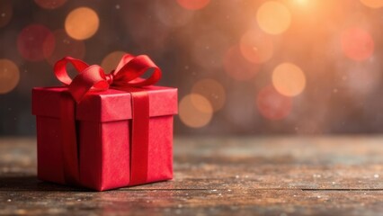 A Christmas present with a red ribbon sits on a wooden table