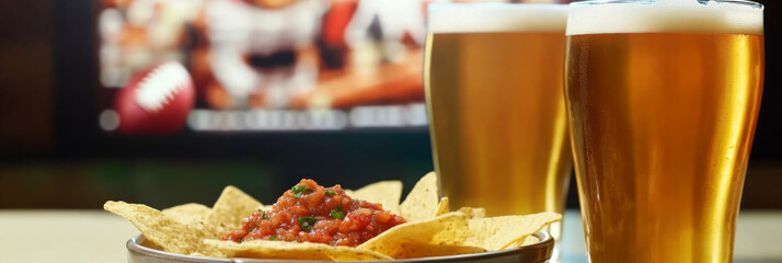 Super Bowl game party, glass of beer and plate of chips with salsa next to television screen