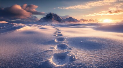 An uplifting motivational quote surrounded by a snowy landscape, with footprints leading into the distance, encouraging exploration and positivity.