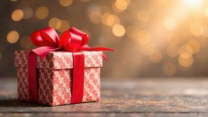 A Christmas present with a red ribbon sits on a wooden table
