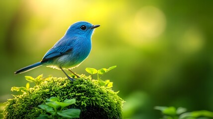 Obraz premium A small blue bird perches on a mossy mound in a lush green forest, bathed in warm sunlight.