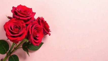 A bouquet of vibrant red roses on a pink background