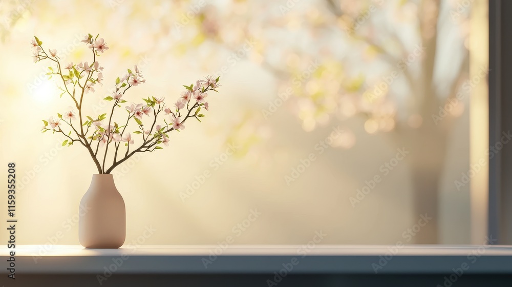 Poster delicate blossom branch in simple vase with soft natural light and blur background effect