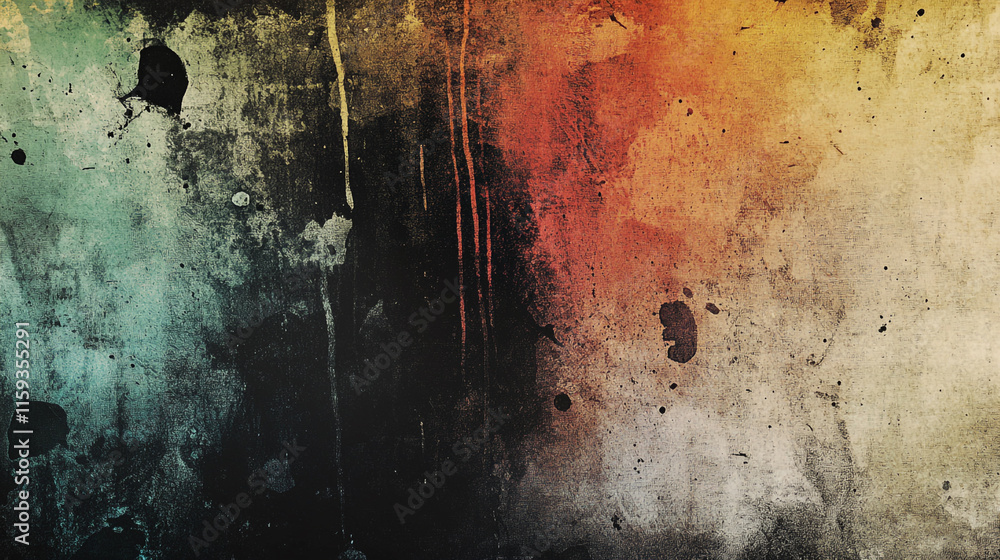 Poster abstract texture with vibrant colors and paint splatters on a distressed background